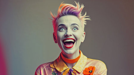 Portrait of a young woman with colorful hair and makeup, expressing excitement and happiness with wide open mouth and eyes. Ai generated imageの素材