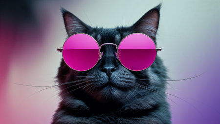 Stylish black cat showcasing pink round sunglasses against a vibrant, colorful backdrop. Ai generated imageの素材