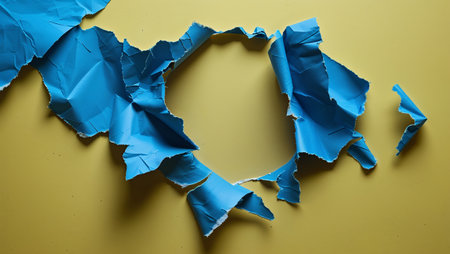 Ripped blue paper forming a circular hole on a yellow backdrop, creating a dynamic and textured visual contrast. Ai generated imageの素材