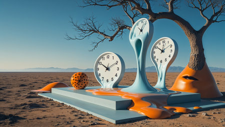 Surreal artwork depicting melting clocks in a desert landscape, representing the fluidity and relativity of time. Ai generated imageの素材