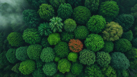 Aerial view of a dense forest canopy creating a stunning textured pattern with fog rolling in. Ai generated imageの素材