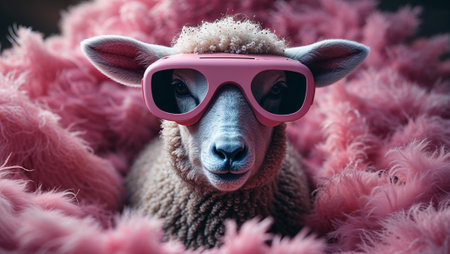 Lamb with pink sunglasses and flower crown posing on pink fur, embodying fashion and cuteness. Ai generated imageの素材