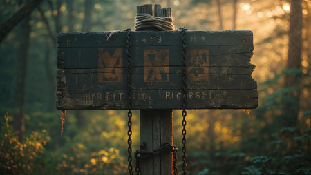 Weathered wooden sign with chains and cryptic symbols in a forest, illuminated by golden sunset light. Ai generated imageの素材