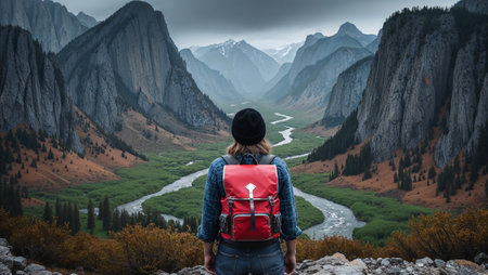Solo traveler with red backpack admiring dramatic mountain landscape and meandering river valley. Ai generated imageの素材