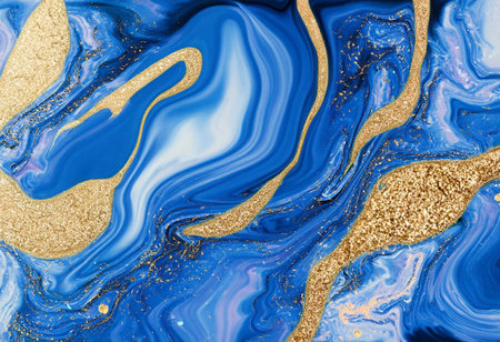 Blue and gold marbling pattern. Golden marble liquid texture. Fluid art.の素材