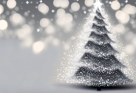 Christmas tree with bokeh lights and snowflakes on gray backgroundの素材