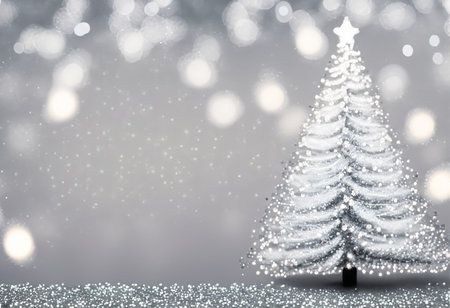 Christmas tree with snowflakes and bokeh on gray backgroundの素材