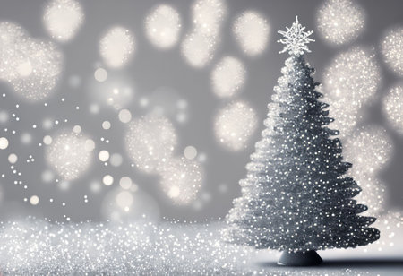 Silver christmas tree on bokeh background. 3d illustrationの素材