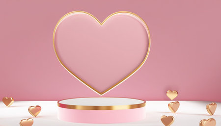 3d render of Valentine's Day background with heart shape and golden podiumの素材
