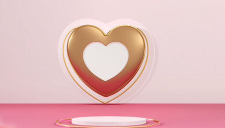 Valentine's day 3d rendering. Golden heart on pink background.の素材