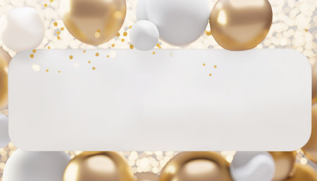 White and gold balloons background, 3d render. Holiday design.の素材