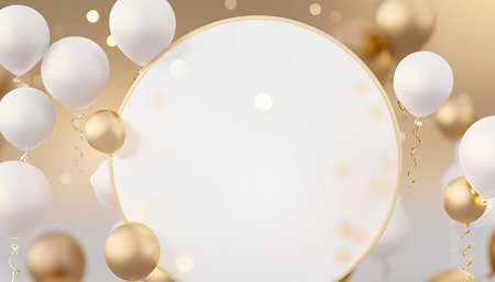 White and gold balloons on a golden background. Festive background.の素材