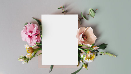 Flowers composition. Greeting card mockup on grey background. Flat lay, top view, copy spaceの素材