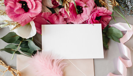 wedding invitation mockup with pink and white flowers and feathersの素材