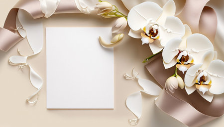 White orchid flowers with blank card on beige background. Flat lay, top view.の素材