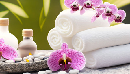Spa still life with orchids, towels, candles and massage oilの素材
