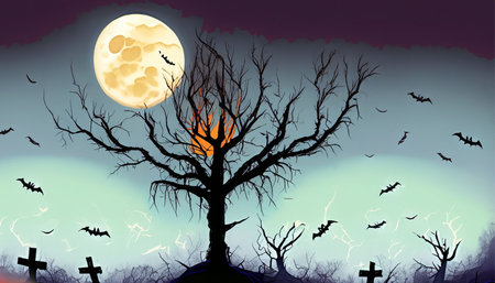 Halloween background with full moon, bats and graveyard.の素材