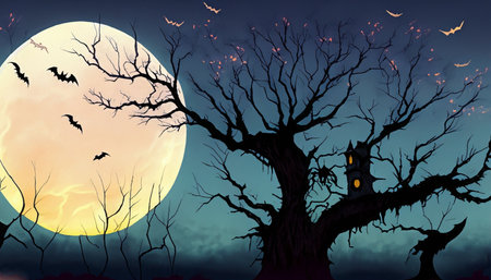 Halloween background with full moon and scary tree.の素材