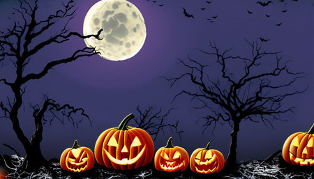 Halloween background with pumpkins and full moon.の素材