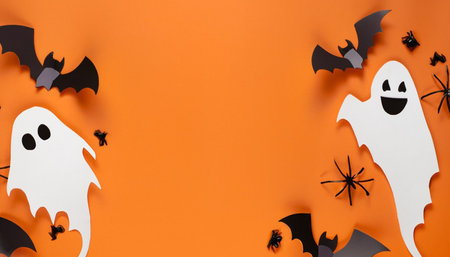 Halloween background with paper bats and ghosts on orange background. Flat lay, top view, copy spaceの素材
