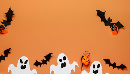 Halloween background with bats, ghosts and pumpkins on orange backgroundの素材