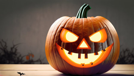Halloween pumpkin head jack lantern on wooden table. Halloween concept.の素材