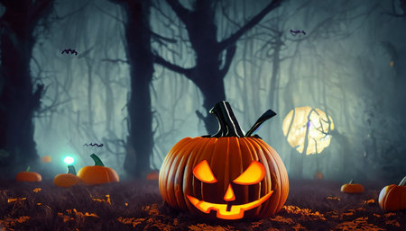 Halloween pumpkin in the spooky forest, 3d rendering.の素材