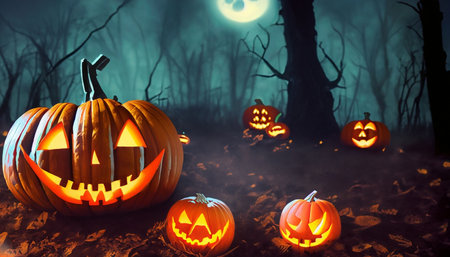 Halloween pumpkins in the forest. 3D illustration. Halloween backgroundの素材