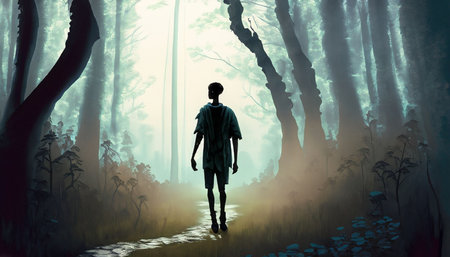 Fantasy landscape with a man walking in the woods. 3D renderingの素材