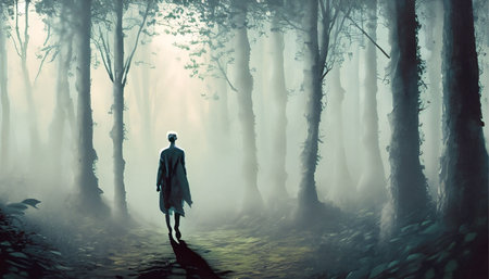 Mysterious dark forest with a man in a long cloak.の素材
