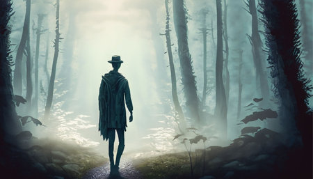 Mysterious dark forest with fog and a man in a hatの素材