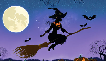 Halloween witch flying on a broomstick over the full moon.の素材
