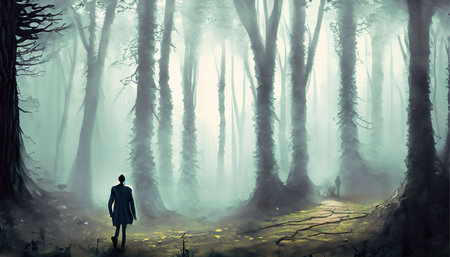 Woman in dark forest with fog. Halloween concept. 3D Renderingの素材