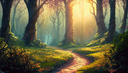 Fantasy landscape with foggy forest and path. Digital painting.の素材