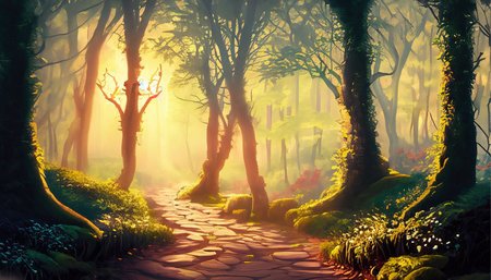 Fantasy landscape with path in fantasy forest. 3D Renderingの素材