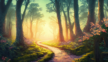 Fantasy landscape with path in the forest. 3D render.の素材