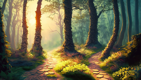 Mystical fantasy forest with path and fog. Digital painting.の素材