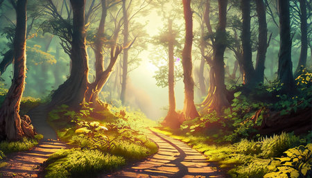Mysterious forest with pathway in the morning fog. 3d renderの素材