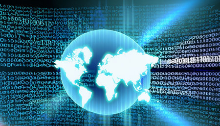 World map on a technological background in the form of a binary codeの素材