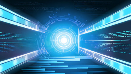 abstract futuristic tunnel with blue glowing neon lights, 3d renderingの素材