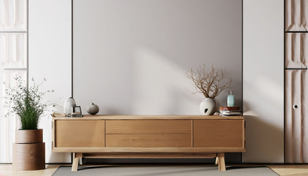 Interior of modern living room with white walls, concrete floor, wooden chest of drawers and wooden cabinet. 3d renderingの素材