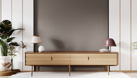 Interior of modern bedroom with white walls, tiled floor, comfortable wooden chest of drawers and plants. 3d renderingの素材