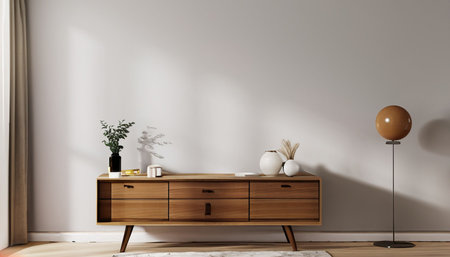 Interior of modern living room with white walls, wooden chest of drawers and a round coffee table. 3d renderingの素材