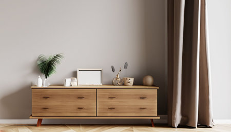 Interior of modern living room with wooden chest of drawers. 3d renderの素材