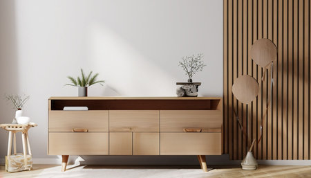 Interior of modern living room with wooden commode, 3d renderの素材