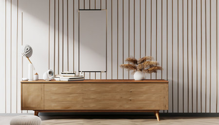 Interior of modern living room with white walls, concrete floor, wooden chest of drawers with books and vases. 3d renderingの素材