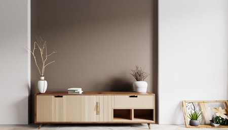 Interior of modern living room with wooden commode, books and plant. 3d renderの素材