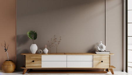 Interior of modern living room with brown walls, tiled floor, wooden chest of drawers and white wooden cabinet. 3d renderingの素材
