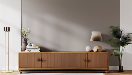 Interior of modern living room with brown wooden commode and white walls, 3d renderの素材
