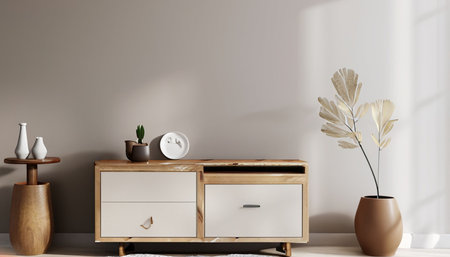 Interior of modern living room with wooden chest of drawers, 3d renderの素材